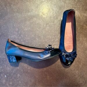 Hispanitas- size 40 heeled ballet flats, bow and blue leopard print, real leathe